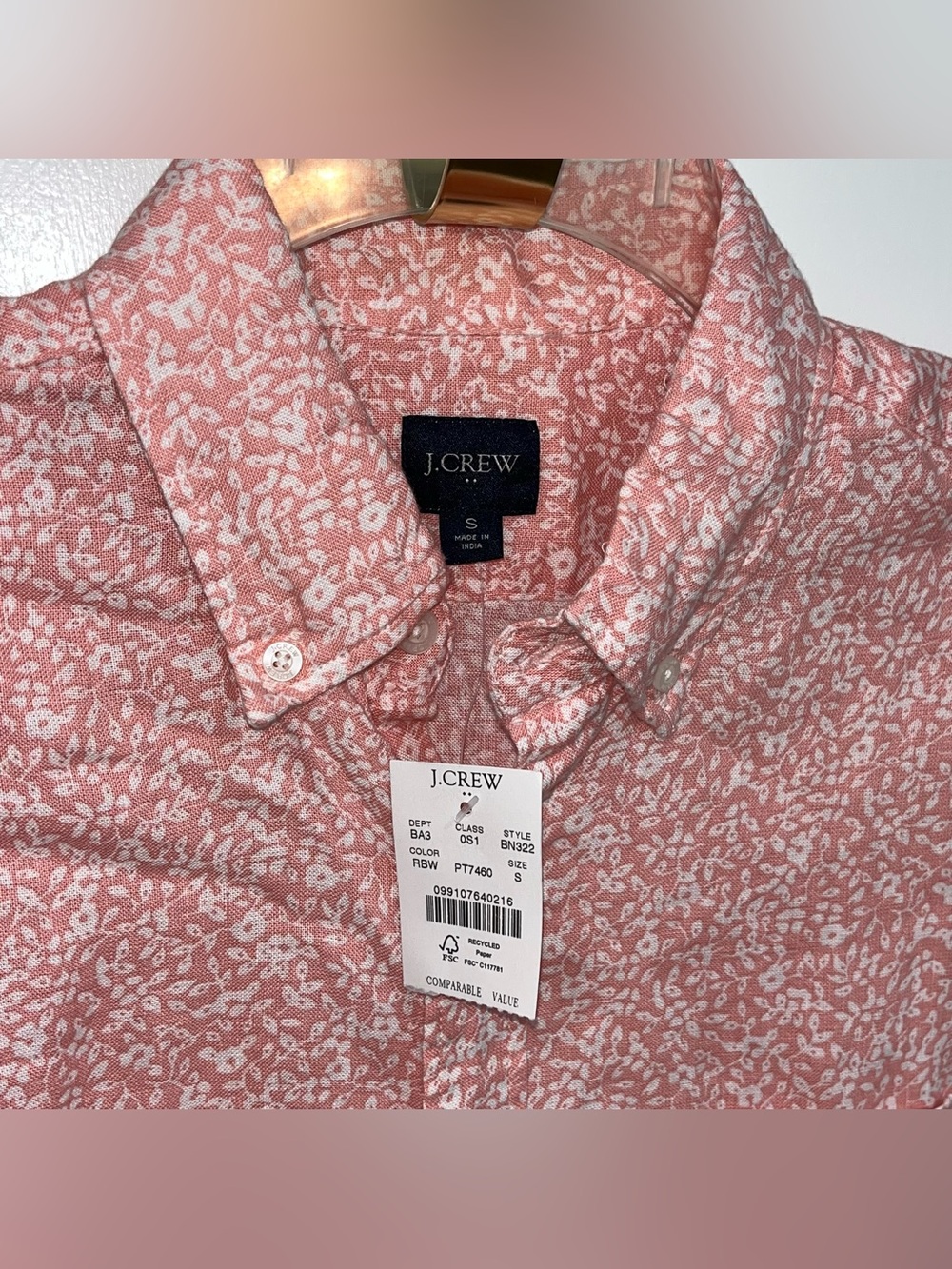 NWT J.Crew Men's Size Small Linen Pink Floral Button-Down Shirt